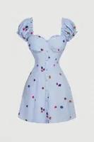 Mavi Çiçek İşlemeli Fırfır Askılı Mini Elbise Bella Notte E-5563 Mavi görsel 6