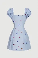 Mavi Çiçek İşlemeli Fırfır Askılı Mini Elbise Bella Notte E-5563 Mavi detay görünüm