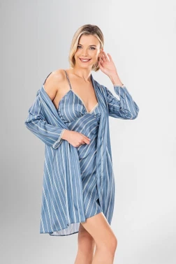 Ahu Lingerie Mavi Çizgili 2 li Kısa Sabahlık Takımı Desenli Ahu Loriva 1954