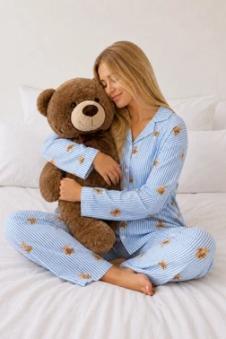 Mavi Çizgili Ayıcık Desenli Gömlek Yaka Düğmeli Uzun Kollu Kadın Pijama Takımı Bella Notte 61317 - Alternatif Görünüm