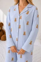 Mavi Çizgili Ayıcık Desenli Gömlek Yaka Düğmeli Uzun Kollu Kadın Pijama Takımı Bella Notte 61317 Mavi farklı açı