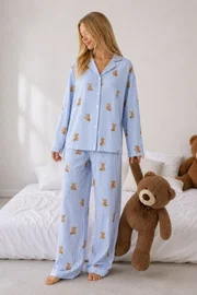 Mavi Çizgili Ayıcık Desenli Gömlek Yaka Düğmeli Uzun Kollu Kadın Pijama Takımı Bella Notte 61317