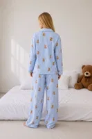 Mavi Çizgili Ayıcık Desenli Gömlek Yaka Düğmeli Uzun Kollu Kadın Pijama Takımı Bella Notte 61317 Mavi görsel 4