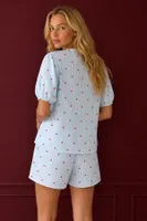 Mavi Çizgili Kalp Desenli V Yaka Bağlamalı Şortlu Takım Bella Notte 51019 Mavi detay görünüm