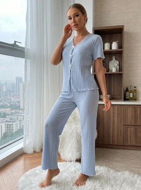 Mavi Kısa Kollu V Yaka Fiyonk Süslemeli Pamuklu Kadın Pijama Takımı Bella Notte 77913 - Alternatif Görünüm