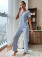 Mavi Kısa Kollu V Yaka Fiyonk Süslemeli Pamuklu Kadın Pijama Takımı Bella Notte 77913 Mavi detay görünüm