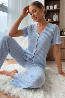 Mavi Kısa Kollu V Yaka Fiyonk Süslemeli Pamuklu Kadın Pijama Takımı Bella Notte 77913
