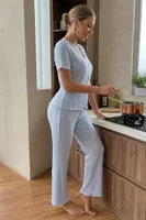 Mavi Kısa Kollu V Yaka Fiyonk Süslemeli Pamuklu Kadın Pijama Takımı Bella Notte 77913 Mavi farklı açı
