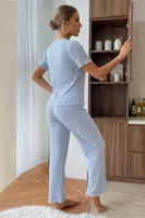 Mavi Kısa Kollu V Yaka Fiyonk Süslemeli Pamuklu Kadın Pijama Takımı Bella Notte 77913 Mavi görsel 5