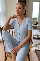 Mavi Kısa Kollu V Yaka Fiyonk Süslemeli Pamuklu Kadın Pijama Takımı Bella Notte 77913 Mavi görsel 4