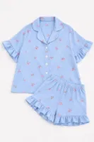 Mavi Lale Desenli Kısa Kollu Düğmeli Şortlu Pijama Takımı Bella Notte 7819 Mavi detay görünüm