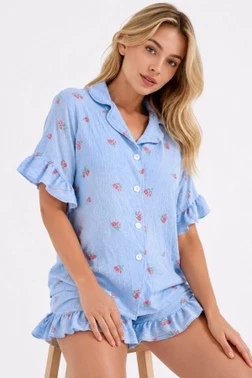 Mavi Lale Desenli Kısa Kollu Düğmeli Şortlu Pijama Takımı Bella Notte 7819