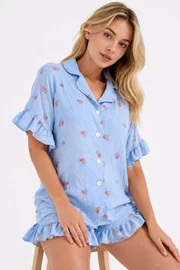 Mavi Lale Desenli Kısa Kollu Düğmeli Şortlu Pijama Takımı Bella Notte 7819