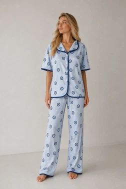Mavi Nazar Boncuğu Desenli Biye Detaylı Kadın Pijama Takımı Bella Notte 61283 - Alternatif Görünüm