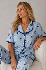 Mavi Nazar Boncuğu Desenli Biye Detaylı Kadın Pijama Takımı Bella Notte 61283