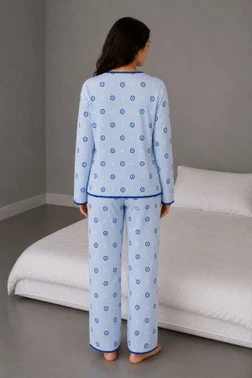 Mavi Nazar Boncuğu Desenli Biye Detaylı Uzun Kollu Pijama Takımı Bella Notte 61279 - Alternatif Görünüm
