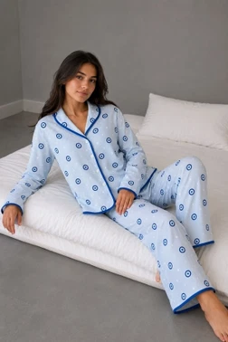 Mavi Nazar Boncuğu Desenli Biye Detaylı Uzun Kollu Pijama Takımı Bella Notte 61279