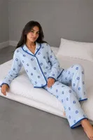Mavi Nazar Boncuğu Desenli Biye Detaylı Uzun Kollu Pijama Takımı Bella Notte 61279 Mavi