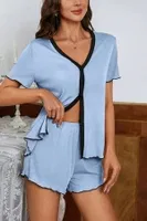 Mavi Pamuklu Düğmeli Şortlu Pijama Takımı Bella Notte 7785 Mavi görsel 4