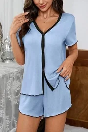 Mavi Pamuklu Düğmeli Şortlu Pijama Takımı Bella Notte 7785