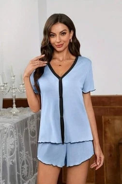 Mavi Pamuklu Düğmeli Şortlu Pijama Takımı Bella Notte 7785 - Alternatif Görünüm