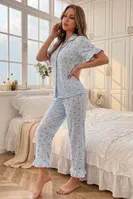 Mavi Pötikare Zemin Romantik Kiraz Desenli Yakalı Fırfır Detaylı Pijama Takımı Bella Notte 77371 Mavi görsel 4