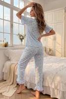 Mavi Pötikare Zemin Romantik Kiraz Desenli Yakalı Fırfır Detaylı Pijama Takımı Bella Notte 77371 Mavi görsel 5