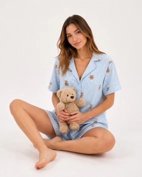 Mavi Sevimli Ayıcık Desenli Çizgili Şortlu Kadın Pijama Takımı Bella Notte 79139