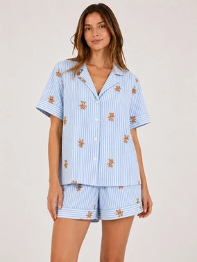 Mavi Sevimli Ayıcık Desenli Çizgili Şortlu Kadın Pijama Takımı Bella Notte 79139 - Alternatif Görünüm