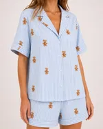 Mavi Sevimli Ayıcık Desenli Çizgili Şortlu Kadın Pijama Takımı Bella Notte 79139 Mavi farklı açı