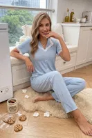 Mavi Zarif Dantel Detaylı Kısa Kollu Pijama Takımı Bella Notte 77771 Mavi görsel 4