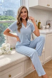 Mavi Zarif Dantel Detaylı Kısa Kollu Pijama Takımı Bella Notte 77771