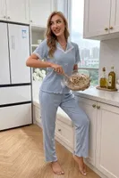 Mavi Zarif Dantel Detaylı Kısa Kollu Pijama Takımı Bella Notte 77771 Mavi görsel 5