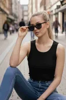 Düz Renk Kadın Kolsuz Bluz Crop Top Siyah Merry See 4586 Siyah görsel 4