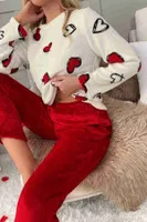 Kalp Baskılı Peluş Polar Uzun Kollu Kadın Pijama Takımı Merry See 4082 Çok Renkli görsel 5