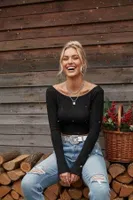 Kayık Yaka Örme Uzun Kollu Crop Top Bluz Merry See MS 3904 - Siyah Siyah görsel 4