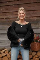 Kayık Yaka Örme Uzun Kollu Crop Top Bluz Merry See MS 3904 - Siyah Siyah farklı açı