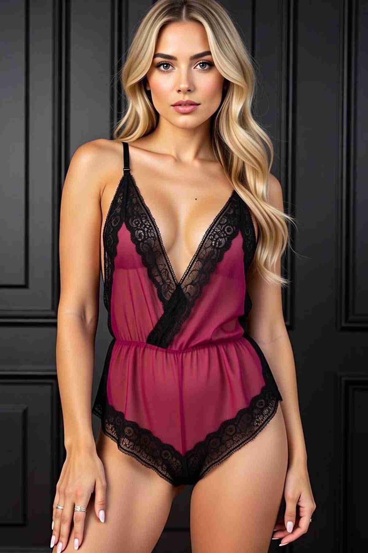 Merry See Seksi Body Dantel Gecelik Bordo MS2516