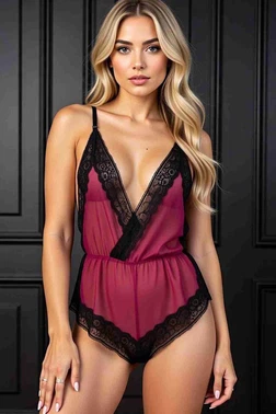 Merry See Merry See Seksi Body Dantel Gecelik Bordo MS2516