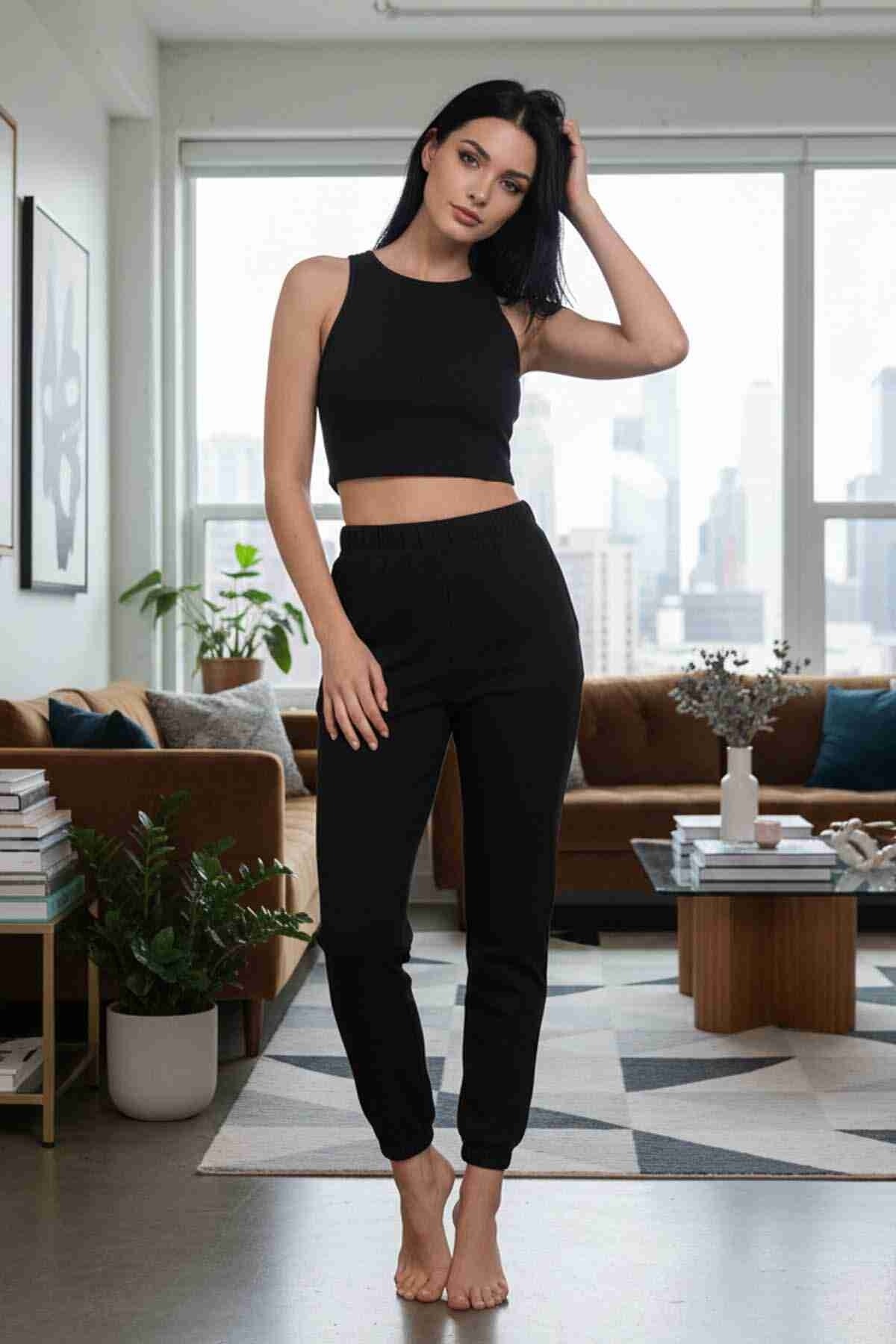 Polarlı Kalın Askılı Crop Kadın Pijama Takımı Siyah Merry See MS 40819