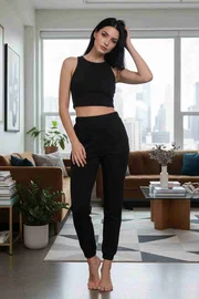 Merry See Polarlı Kalın Askılı Crop Kadın Pijama Takımı Siyah Merry See MS 40819