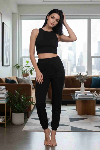 Polarlı Kalın Askılı Crop Kadın Pijama Takımı Siyah Merry See MS 40819