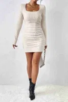 Uzun Kollu Özel Kumaş Mini Elbise Bej Merry See MS2958 Bej Bej görsel 6