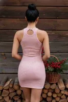 Pembe Vücuda Oturan Diz Üstü Mini Örme Elbise Merry See MS2948 Pembe görsel 9