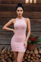 Pembe Vücuda Oturan Diz Üstü Mini Örme Elbise Merry See MS2948 Pembe görsel 8