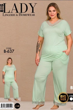 Lady Mint Yeşili Penye Büyük Beden Pijama Takımı Lady B-637 - Alternatif Görünüm