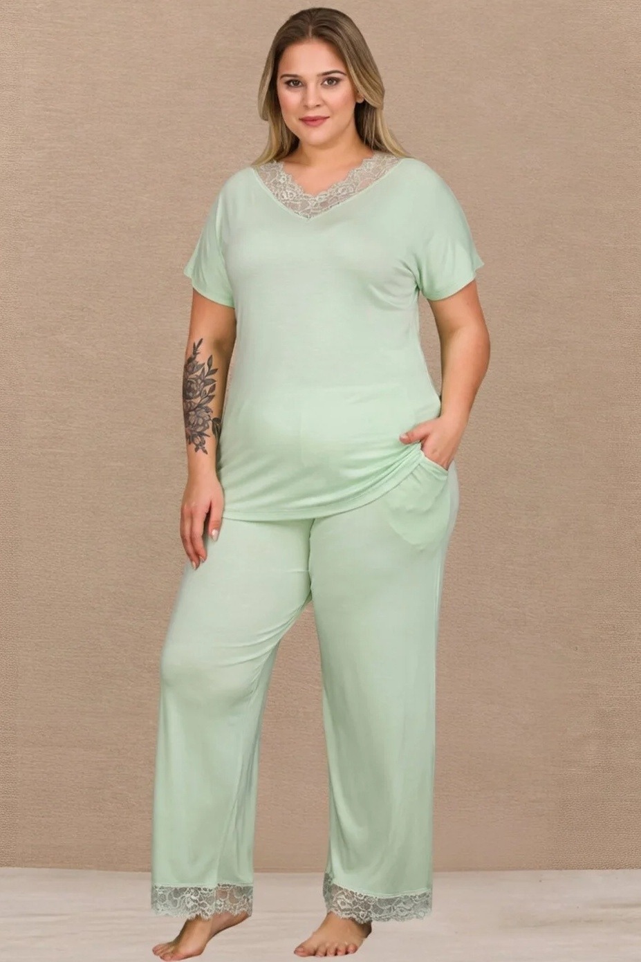 Mint Yeşili Penye Büyük Beden Pijama Takımı Lady B-637