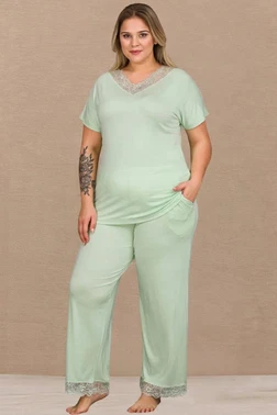 Lady Mint Yeşili Penye Büyük Beden Pijama Takımı Lady B-637