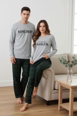 Modern Yazı Baskılı Şık Kadın Çift Ev Pijama Takımı Bella Notte CP-7567