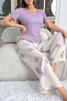 Mor Çiçek Desenli Yumuşak Pamuklu Uzun Pijama Takımı Ruselin 5133 Mor detay görünüm